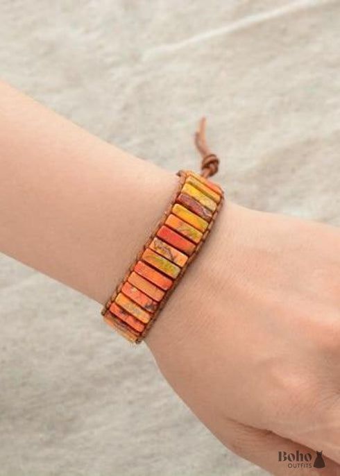 Boho Bracelet, Leather Wrap Bracelet, Tube Natural Stones, 4 colors Blue, Orange, Green and Red